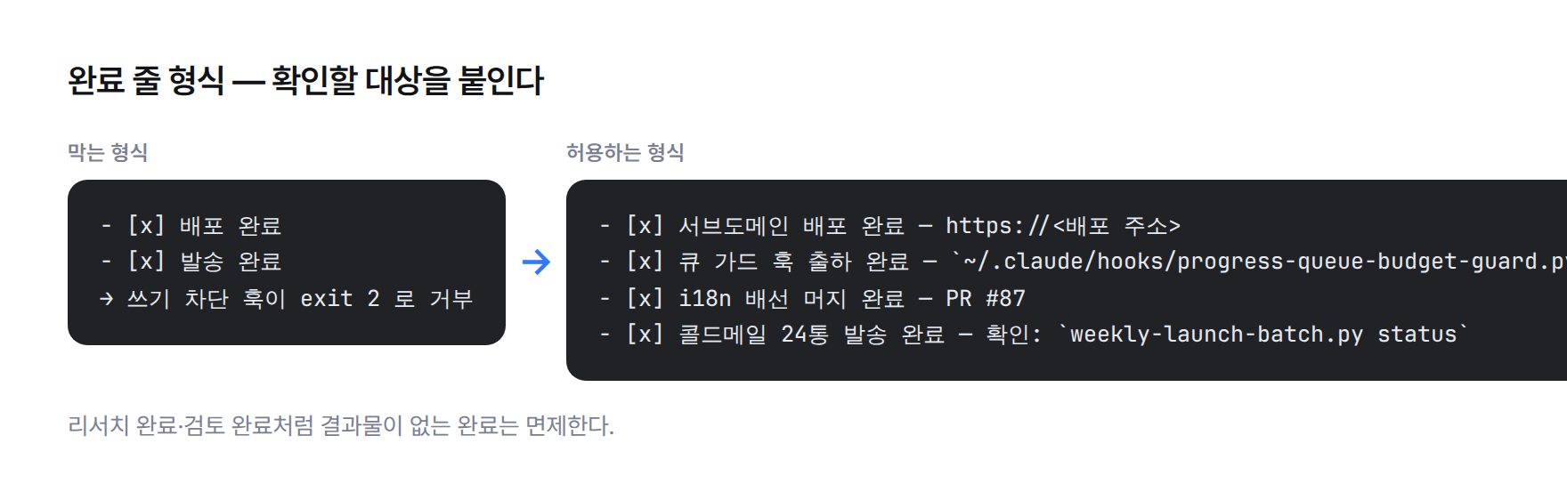 코드 비교. 위는 참조 없는 완료 줄로 쓰기 차단 훅이 exit 2 로 막는다. 아래는 허용하는 형식 네 줄: 배포 주소 URL, 백틱으로 감싼 훅 파일 경로, PR 번호, 확인 명령을 붙인 완료 줄