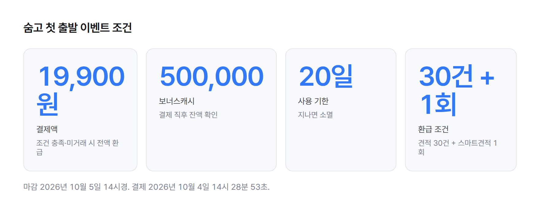 통계 카드. 첫 출발 이벤트 조건. 결제 19,900원, 보너스캐시 500,000, 사용 기한 20일, 환급 조건 견적 30건과 스마트견적 1회